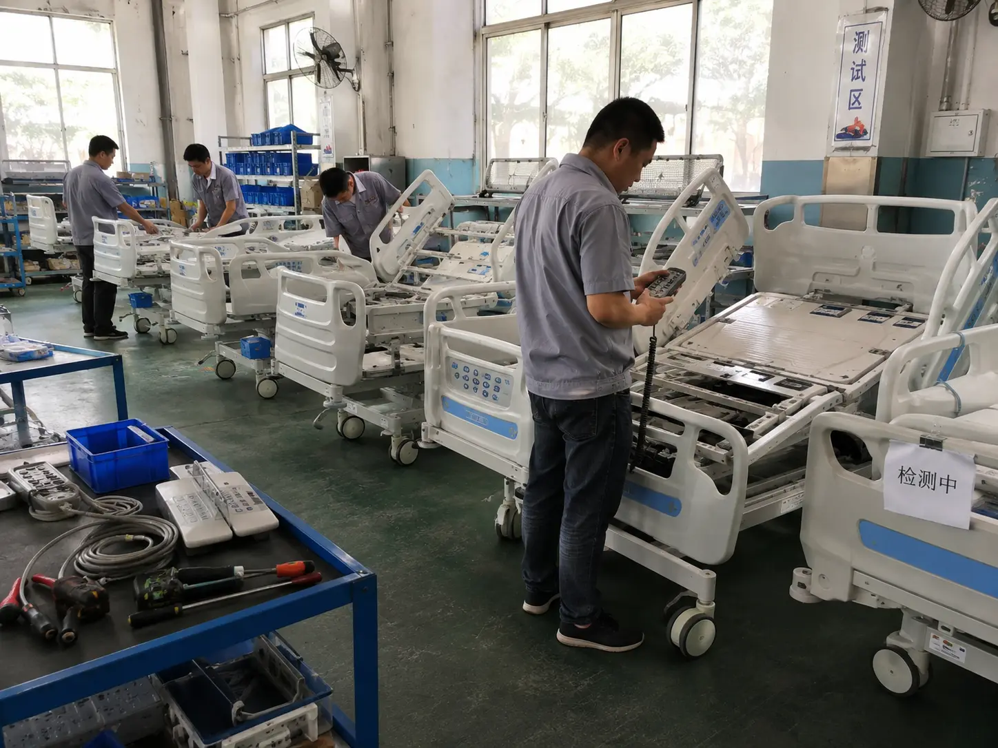 Hospital bed pre-assembly inspection bench