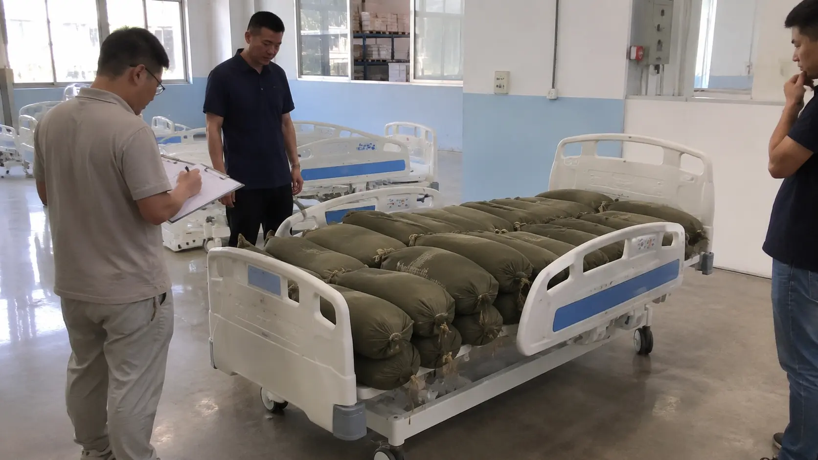 Medical equipment frame and function testing in a factory quality inspection area