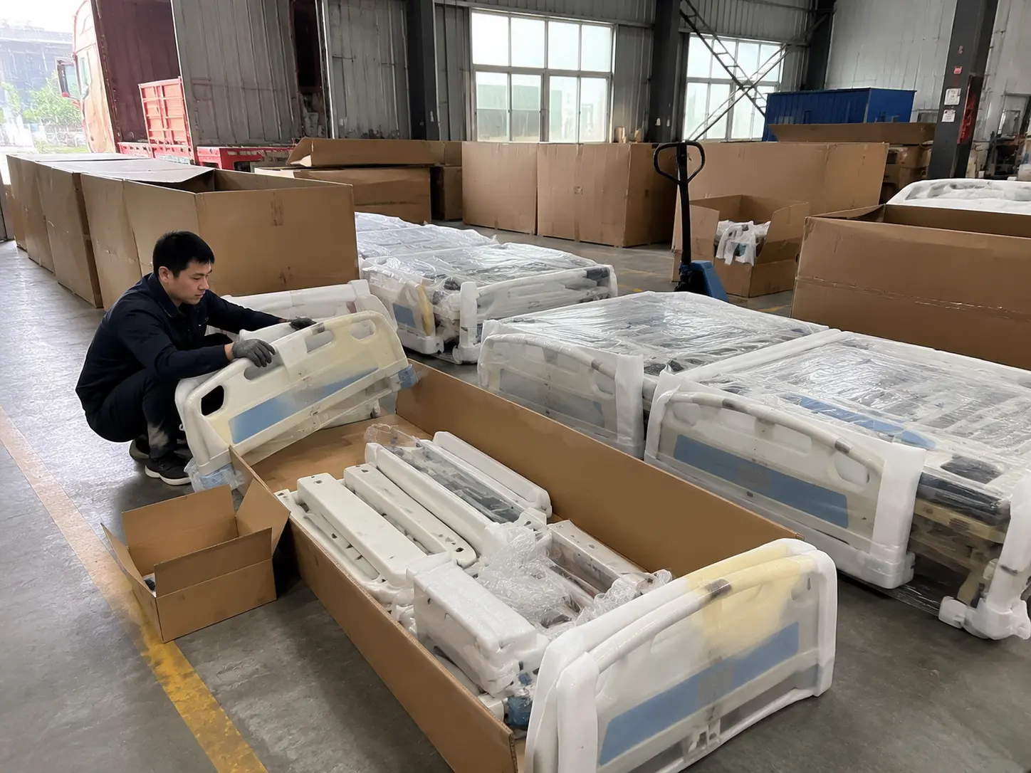 Medical beds and rehabilitation equipment protected for export packing