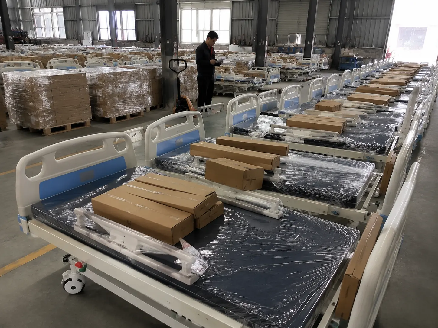 Finished hospital beds stored in the factory warehouse before shipment